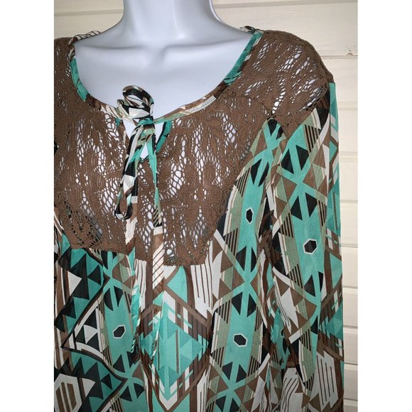 Rancho Estancia Sz MEDIUM Green Brown Southwest Chiffon Lace Trim Tunic EUC - Picture 2 of 11